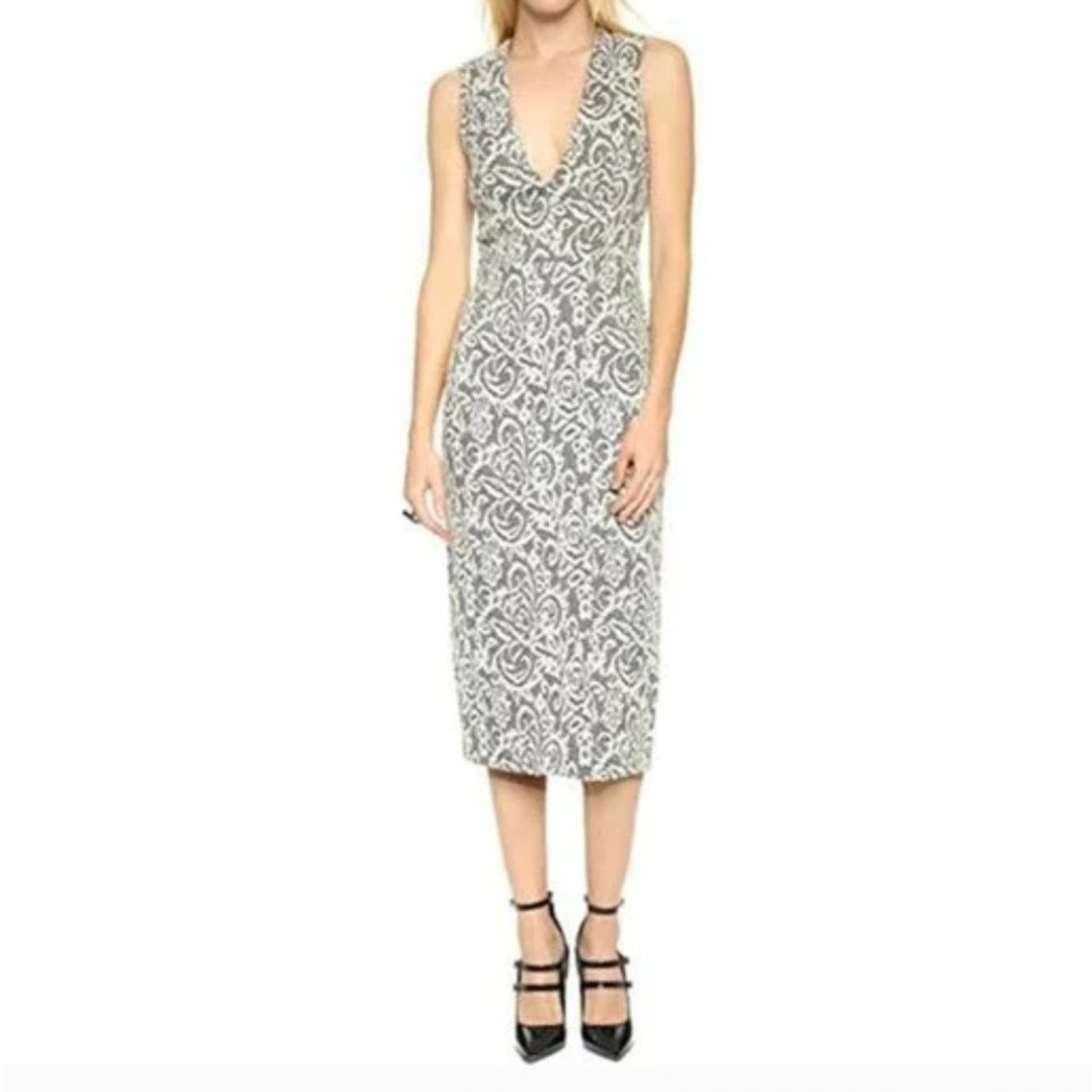 Alice Olivia Lila Lace Overlay‎ V Neck Plunge Sheath Dress Black Ivory Size 4